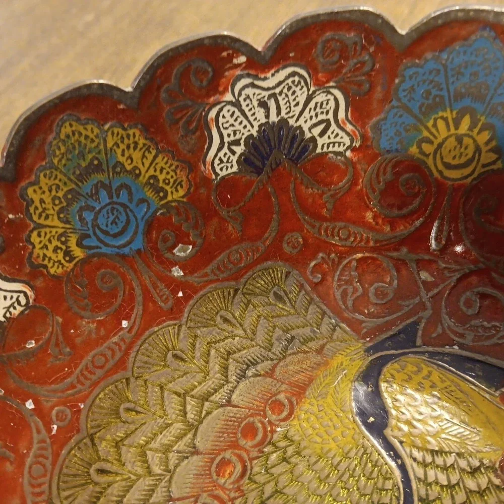 Solid Enameled Brass Peacock Bird Vintage Pedestal Decorative Bowl 6.5